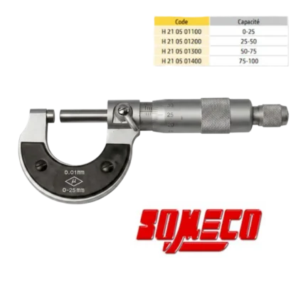 Micromètre d'extérieur, Palmer 0-25mm, mesure de précision 0.01mm, instrument métrologie atelier, outillage industriel professionnel.